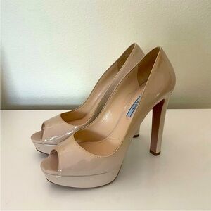 Prada Patent Nude Platform Peep-Toe Heels